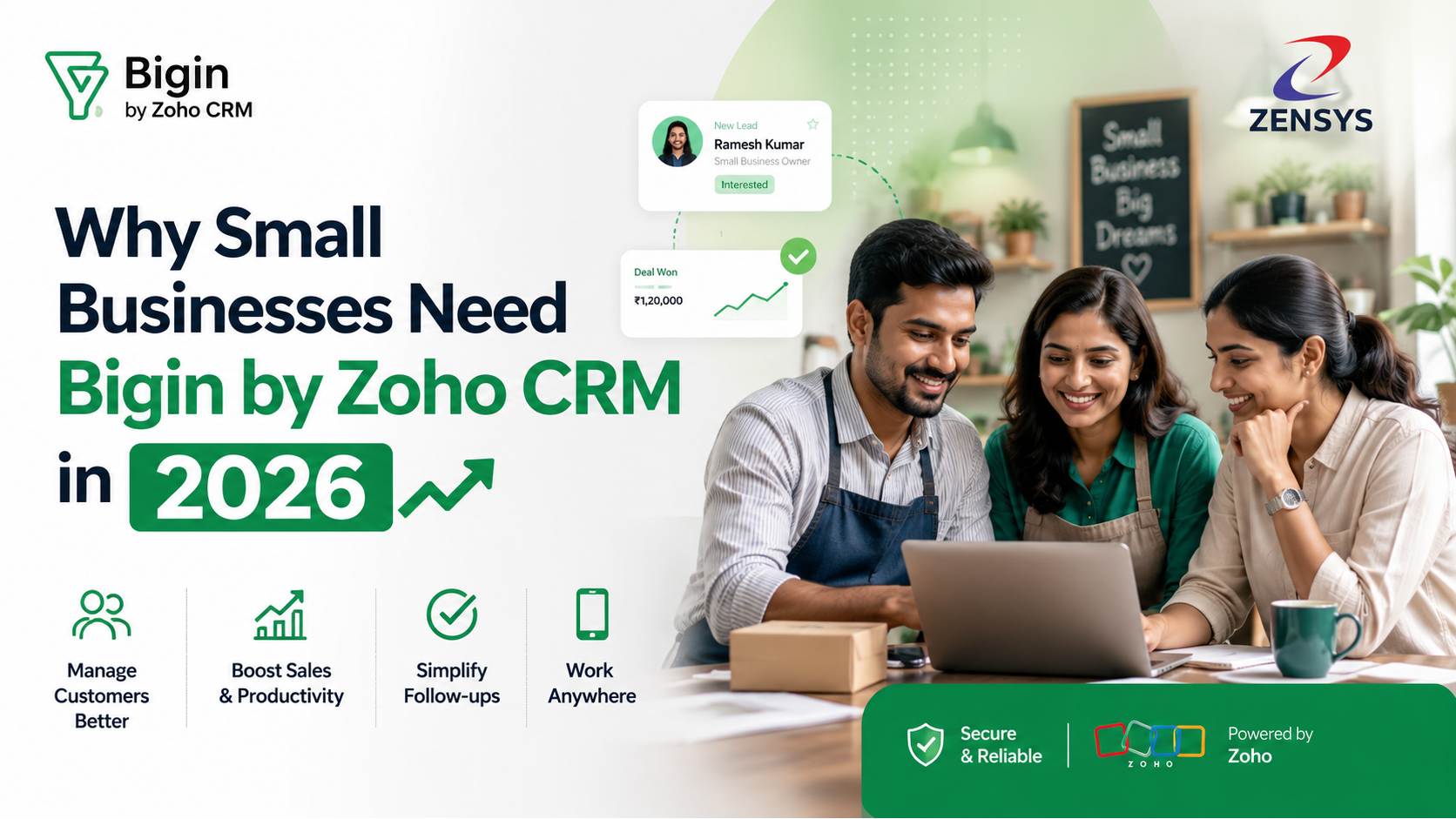 Why Small Businesses Need Bigin by Zoho CRM in 2026 – Small business team using Zoho Bigin CRM to manage customers, automate follow-ups, and increase sales productivity